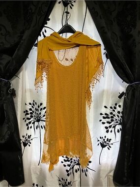 Mustard Yellow Sheer Crochet Tunic with Beaded Fringe